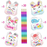 30 Sets Valentine‘S Day Cards With Rainbow Pencils For Kids Unicorn Valentines Cute Animal Greeting Cards For Classroom Exchange Party Favor Supplies