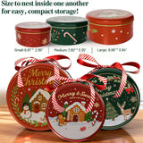 Christmas Cookie Tins With Lids – 3 Pack Holiday Cookie Containers With 16.5Ft Ribbon, Festive Round Metal Nesting Tins For Gift Giving, Baking & Treat Storage