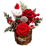 Crochet Flowers, Sunflower Tulip Rose In Wooden Basket, Crochet Flower Bouquet, Carnation, Preserved Flower, Handmade Knitted Bouquet For Mother Birthday Home Decor Girlfriend (Red)