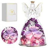 Christmas Rose Gifts For Women Preserved Real Flower In Glass Angel Figurines Roses For Delivery Prime Birthday Gifts For Mom Grandma Girlfriend Wife Her, Pinkpurpurple