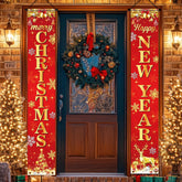 Christmas Door Decorations Banner, Red And Gold Merry Christmas And Happy New Year Porch Sign Xmas Tree Elk Front Door Decorations Banners For Indoor Outdoor
