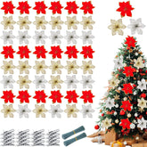 100 Pieces Christmas Glitter Artificial Poinsettia Flowers With Clips And Stems 5 Inch Poinsettia Artificial Decorations Christmas Tree Flowers Ornaments(Red, Gold, Silver)