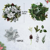 Poinsettias Flowers Artificial Glitter Christmas Flowers Artificial For Home Party Table Door Decor (Silver)