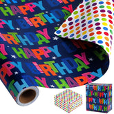Reversible Birthday Wrapping Paper For Boys Girls Kids 17 Inch X 36 Feet Happy Birthday Lettering Gift Wrapping Paper For Party, Baby Shower, Holiday