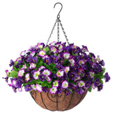 Artificial Hanging Flowers 12 Inch Basket, Faux Silk Petunias Flower Arrangement,Coconut Lining Pot Planter With Morning Glories Patio Garden Porch Deck Spring Summer Decor(Purple Edge)
