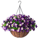 Artificial Hanging Flowers 12 Inch Basket, Faux Silk Petunias Flower Arrangement,Coconut Lining Pot Planter With Morning Glories Patio Garden Porch Deck Spring Summer Decor(Purple Edge)
