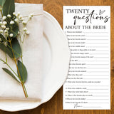 Minimalist White Wedding Shower Games Cards, Twenty Questions, Bridal Shower Games, Engagement Party Wedding Card For 25 Guests, Bridal Party Supplies 4X9Inch-A12