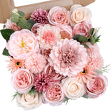 Pink Flowers Artificial Roses Combo Set Fake Pink Silk Flowers Faux Peony Flowers Mix Chrysanthemum Dahlia With Stems For Wedding Bouquets Baby Bridal Shower Party Floral Arrangements Decor