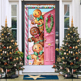 Christmas Gingerbread Man Door Cover Decorations, Pink Xmas Wreath Peppermint Candy Front Door Banner Background, Snowflake Winter Holiday Indoor Outdoor Home Decor 3 X 6 Ft