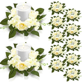 12 Pcs Wedding Rose Candle Rings Artificial Floral Wreaths With Green Leaves Flower Candle Rings Candleholders Garland For Pillar Centerpiece Party Table Decor, 3.94'' Inner Diameter, White