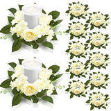 12 Pcs Wedding Rose Candle Rings Artificial Floral Wreaths With Green Leaves Flower Candle Rings Candleholders Garland For Pillar Centerpiece Party Table Decor, 3.94'' Inner Diameter, White