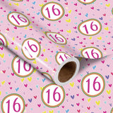 16Th Birthday Wrapping Paper Roll, Pink Happy 16Th Birthday With Heart Gift Wrap For For Age16 Teens, Kids, Girls, Friends, Mini Roll, 17 Inches X 16.4 Feet, 16 Years Old