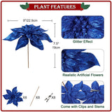 9'' Christmas Poinsettia Flowers 8Pcs Blue Glitter Artificial Flowers Large Christmas Ornament Flowers For Xmas Tree Wreath Garland Decoration