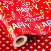 Reversible Red Birthday Wrapping Paper Roll - 17 Inch X 33 Feet - Glitter Happy Birthday Lettering Metallic Foil Paper Boy Gift Wrap W/Polka Dot For Party Father'S Day Halloween'S Day