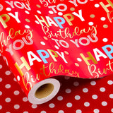 Reversible Red Birthday Wrapping Paper Roll - 17 Inch X 33 Feet - Glitter Happy Birthday Lettering Metallic Foil Paper Boy Gift Wrap W/Polka Dot For Party Father'S Day Halloween'S Day