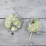 White Rose Flower Wrist Corsage Boutonniere Set Bridesmaid Wrist Corsage Bracelet & Groom And Best Man Boutonniere For Wedding Flowers Accessories Prom Suit Decorations (White)