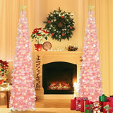 6 Ft Pop Up Christmas Tree With 100 Led Timer Lights & Remote, Pink Collapsible Christmas Tinsel Tree Artificial Pencil Tree Xmas Decoration For Holiday Home Office Party, Usb Powered