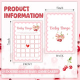 Pink Bow Baby Shower Games, 25 Pcs Cherry Baby Bingo Game For Adults, 5"×7" Double-Sided Gender Reveal Cards For Party Decorations Favors - C02
