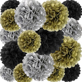 18 Pcs Tissue Paper Pom Poms, Tissue Pom Poms Flowers, Sizes Of 6", 10", 12", 14" Hanging Paper Flower Ball For Wedding, Birthday, Halloween, Christmas, New Years Party Decor (Black Gold Silver)