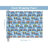 Truck Wrapping Paper - Mini Roll - 17 Inch X 9.8 Feet - Light Blue Happy Birthday Wrapping Paper For Kids Boys, Baby Shower, Car Lover