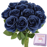 12Pcs Roses Artificial Flowers Navy Blue Fake Roses Flowers With Long Stems Silk Flowers For Wedding Bouquet Centerpices Decorations Party Bridal Baby Shower Home Decor