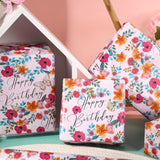 Happy Birthday Wrapping Paper Roll For Girls Women, Pink Floral & Butterfly, Birthday Party Gift Wrap For Girl, Women, Female, Mini Roll, 17 In X 32.8 Ft