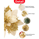 20 Pieces Poinsettia Flower Artificial Christmas Tree Decorations Wedding Flowers Glitter Xmas Tree Ornaments With Clips, 6-Inch Decor Wreath Garland Holiday Home Party Decor(Gold)