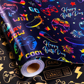Gaming Wrapping Paper, Blue Birthday Wrapping Paper For Boys, Holographic Video Game Controller Theme Gift Wrap For Boys Men Birthday, Christmas, Father'S Day (Mini Roll, 17 In X 33 Ft)
