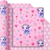 Reversible Baby Girl Wrapping Paper Roll - Cute Pink Elephant, Floral & Polka Dot Design For Baby Shower Holiday Birthday Party - 17 In X 20 Ft(Total 28.5Sq.Ft)