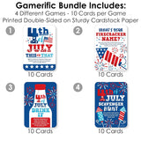 Big Dot of Happiness Firecracker 4th of July - 4 Red, White and Royal Blue Party Games - 10 Cards Each - Gamerific Bundle