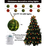Battery Powered Christmas Lights 6.8Ft 10 Led Red Gold Green Globe String Lights With Timer, Color Christmas Tree Decora