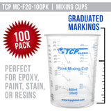 TCP Global 20 oz. (600ml) Graduated Plastic Mixing Cups - Box of 100 with 50 Mixing Sticks - Disposable Plastic Measuring Cups for Liquids, Paints, Resin, Epoxy, Art, Kitchen - Ratios 2-1, 3-1, 4-1 ML