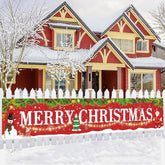 Large Red Merry Christmas Banner With Santa Claus, Snowman Background - 118X20Inch For Indoor/Outdoor Hanging Decor