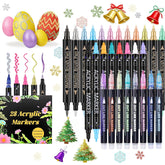 28 Acrylic Paint Markers, Acrylic Paint Pens Art Set - 12 Dual Tip Metallic, 8 Acrylic, 8 Outline Markers For Rock, Fabric And Glass, Christmas Gifts For Teens, Art Supplies For Kids Adults