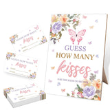 Guess How Many Kisses Bridal Shower Game, 5X8 Blush Pink Purple Butterfly Sign & 50 Cards, Wedding Decor, Wedding Shower Games For Bridal Shower, Engagement Party, Bachelorette Party Night,1