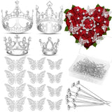 Flower Bouquet Accessories Including 4 Pcs Silver Crowns, 12 Pcs Butterfly Decorations And 50 Pcs Flower Pins For Flower Bouquets And Cake Topper Decoration
