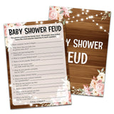 Rustic Wood Pink Floral Baby Shower Game Cards - Gender Neutral Boys Or Girls, Set Of 30 Cards (Brown004)