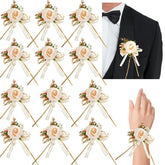12 Pcs Champagne Corsage And Boutonniere Set Artificial Flower Wrist Corsage Bracelets Rose Pearl Wedding Boutonniere Prom Flower Wrist Corsage Prom Corsage Wristlet For Men Women Bride Groom