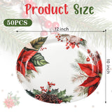 50Pcs Christmas Paper Plates - Poinsettia Flower Oval Plates, Heavy Duty, Disposable Dinnerware Serving Tray For Christmas Holiday Party, 10 X 12 Inch