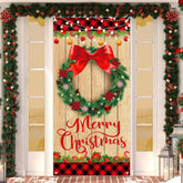 Merry Christmas Wood Grain Plaid Edge Wreath Banner For Farmhouse Door Decoration