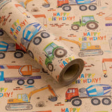 Mini Roll Wrapping Paper - Cartoon Truck & Happy Birthday Text Design Kraft Wrap Paper, Great For Kids Boys Birthday, Truck Party - 17 Inches X 32.8 Feet