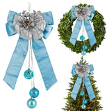 Blue Christmas Tree Topper Bows, 11 X 16 Inches Blue Bows For Christmas Tree Decorations Velvet Ribbon Bows With Baubles For Wreath, Door, Cabinet, Staircase, 1 Pc