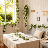 2 Pack 5.9 Ft Artificial Flower Garland With Lights, Fake Floral Garland With 12 White Roses, White Flower Decorations For Arch Table Centerpieces Backdrop Party Home Wedding Decorations