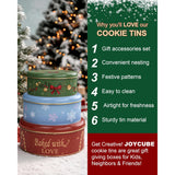 Christmas Cookie Tins With Lids, Set Of 3 Larger Holiday Containers For Homemade Cookies, Gifts, Treats, Reusable Round Metal Storage Boxes With 3 Premium Greeting Cards & 16.5Ft Ribbon