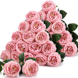 20 Pcs Real Touch Peonies Austin Roses Artificial Flowers, Faux Look Real Long Stems Fake Flower With Big Blooms For Christmas Valentines Wedding Party Diy Arrangement Home Decor(Pink)