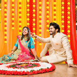 Indian Pooja Backdrop Decoration Items 7X5Ft Diwali Backdrop 5 Artificial Marigold Garland Set Mehndi Home Decorations For Janmashtami, Varalakshmi, Haldi, Puja, Ganesha Party Decor