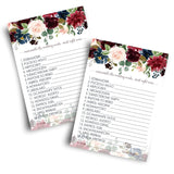 Blue Floral Bridal Shower Games - 25 Cards - Wedding Word Scramble Game - Fun Guessing Activity For Guests - Engagement Parties & Rehearsal Dinners - Burgundy And Gold Greenery Design