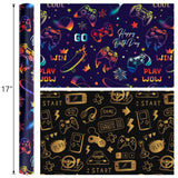 Gaming Wrapping Paper, Blue Birthday Wrapping Paper For Boys, Holographic Video Game Controller Theme Gift Wrap For Boys Men Birthday, Christmas, Father'S Day (Mini Roll, 17 In X 33 Ft)
