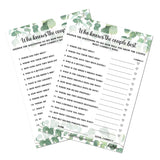 Eucalyptus Who Knows The Couple Best, Wedding, Bridal Shower, Bachelorette Or Engagement Party Game, Couples Guessing Play Pack Of 50 Cards 5”X7” Made In Usa