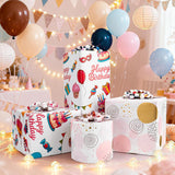 Reversible Birthday Wrapping Paper, Pink Wrapping Paper Mini Roll, Colorful Balloons And Cake Designs For Birthday Christmas Holiday Wedding Baby Shower, 17 Inch X 32.8 Feet